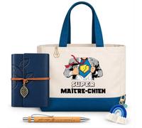 Planetee Coffret Sac Shopping Maître Chien | Cabas Coton 27 L, Carnet Similicuir, Stylo Bambou, Porte-Clés, Trombone | 5 Pièces | Cadeau Noël Fin d'Année École Remerciement