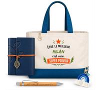 Planetee Coffret Sac Shopping Milàn | Cabas Coton 27 L, Carnet Similicuir, Stylo Bambou, Porte-Clés, Trombone | 5 Pièces | Cadeau Noël Homme Anniversaire Fête Original