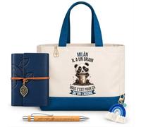 Planetee Coffret Sac Shopping Milàn | Cabas Coton 27 L, Carnet Similicuir, Stylo Bambou, Porte-Clés, Trombone | 5 Pièces | Cadeau Noël Homme Anniversaire Fête Original