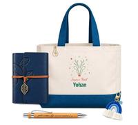 Planetee Coffret Sac Shopping Yohan | Sac Cabas Coton 27 L, Carnet Similicuir, Stylo Bambou, Porte-Clés, Trombone | 5 Pièces | Cadeau Anniversaire Noël Prénom