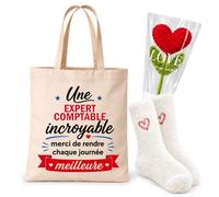 Planetee Coffret Tote Bag Expert Comptable | Tote Bag Coton, Chaussettes Douces Cœur, Fleur Cœur en Crochet, 3 Pièces, Cadeau Noël Collègue Femme Départ Retraite