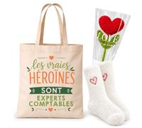 Planetee Coffret Tote Bag Expert Comptable | Tote Bag Coton, Chaussettes Douces Cœur, Fleur Cœur en Crochet, 3 Pièces, Cadeau Noël Collègue Femme Départ Retraite