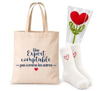 Planetee Coffret Tote Bag Expert Comptable | Tote Bag Coton, Chaussettes Douces Cœur, Fleur Cœur en Crochet, 3 Pièces, Cadeau Noël Collègue Femme Départ Retraite