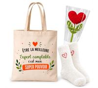 Planetee Coffret Tote Bag Expert Comptable | Tote Bag Coton, Chaussettes Douces Cœur, Fleur Cœur en Crochet, 3 Pièces, Cadeau Noël Collègue Femme Départ Retraite