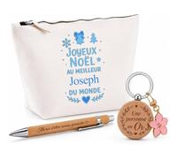 Planetee Coffret Trousse Joyeux Noël au Meilleur Joseph du Monde | Trousse Coton, Stylo Bambou Gravé, Porte-Clés Bois | 3 Pièces | Cadeau Remerciement Anniversaire Noël Prénom