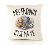 Planetee Housse de Coussin Mes Enfants C'est ma Vie | Coton Canvas Fairtrade 305 g/m² Zip Invisible Taille 50×50 cm | Déco Canapé Salon Chambre | Cadeau Parent Crémaillère Anniversaire Noël