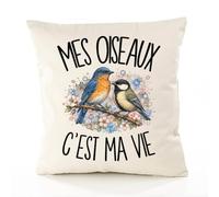 Planetee Housse de Coussin Mes Oiseaux C'est ma Vie | Coton Canvas Fairtrade 305 g/m² Zip Invisible Taille 50×50 cm | Déco Canapé Salon Chambre