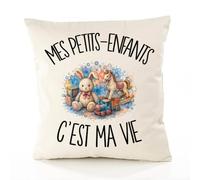 Planetee Housse de Coussin Mes Petits-Enfants C'est ma Vie | Coton Canvas Fairtrade 305 g/m² Zip Invisible Taille 50×50 cm | Déco Canapé Salon Chambre