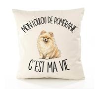 Planetee Housse de Coussin Mon Loulou de Poméranie C'est ma Vie | Coton Canvas Fairtrade 305 g/m² Zip Invisible Taille 50×50 cm | Déco Canapé Salon Chambre