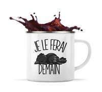 Planetee Mug Métal Émaillé Je le ferai demain | Corbeau | Tasse de Camping 300 ml Recto Verso Passe au Lave-Vaisselle | Randonnée Bivouac Bureau | Cadeau Homme Femme Anniversaire | Flemme Paresseux