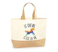 Planetee Sac cheval c'est la vie | Cabas de Plage Courses Coton et Toile de Jute Idée Cadeau