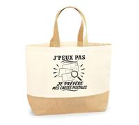 Planetee Sac J’peux pas je préfère mes Cartes postales J'peux pas minimaliste | Cabas en Coton avec Fond Jute 18 L 48 × 37 × 13 cm | Marché Shopping Plage Courses | Cadeau Femme Anniversaire Noël