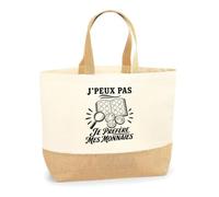 Planetee Sac J’peux pas je préfère mes Monnaies J'peux pas minimaliste | Cabas en Coton avec Fond Jute 18 L 48 × 37 × 13 cm | Marché Shopping Plage Courses | Cadeau Femme Anniversaire Noël