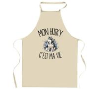 Planetee Tablier de Cuisine Mon Husky c'est ma vie | Coton 90 × 60 cm Cou Ajustable Nouage dans le Dos | Pâtisserie Barbecue Atelier | Cadeau Propriétaire Chien Homme Femme Fête des Pères
