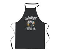 Planetee Tablier de Cuisine Noir Les dauphins c'est la vie | Coton 90 × 60 cm Cou Ajustable Nouage dans le Dos | Pâtisserie Barbecue Atelier | Cadeau Amoureux de la Mer Homme Femme Fête des Pères