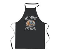 Planetee Tablier de Cuisine Noir Mes enfants c'est ma vie C'est La Vie | Coton 90 × 60 cm Cou Ajustable Nouage dans le Dos | Pâtisserie Barbecue Atelier | Cadeau Parent Homme Femme Fête des Pères