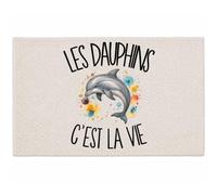 Planetee Tapis Les Dauphins C'est la Vie | Coton 725 g/m² 61 × 40 cm Lavable en Machine | Salle de Bain, WC ou Cuisine | Cadeau Amoureux de la Mer Anniversaire Noël