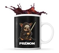 Planetee Tasse Bouledogue Français avec sabre laser Prénom Nom Personnalisable | Mug Café Thé Idée Cadeau Personnalisé Homme Femme Original pour propriétaire de chien