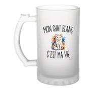 Planetee Verre à Bière Mon Chat Blanc c’est ma vie | Chope Givrée en Verre Trempé 470 ml à Anse Recto Verso | Apéro Bar Bistrot Match | Cadeau Propriétaire Chat Homme Anniversaire Fête des Pères