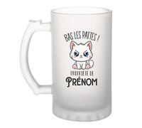 Planetee Verre à Bière Personnalisé Prénom - Bas les Pattes ! Chat Blanc Grognon Kawaii | Chope Givrée en Verre Trempé 470 ml à Anse Recto Verso | Apéro Bar Bistrot Match