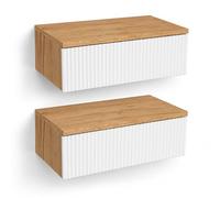 Planetmöbel Amyra Lot de 2 tables de chevet suspendues 50 cm, console murale avec tiroir, table de chevet moderne pour chambre à coucher, table de chevet chêne doré/blanc