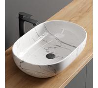 Planetmöbel Aquil Deluxe Lavabo carré, à poser | pour salle de bain et WC d'invités, sans trou de robinetterie et trop-plein, marbré, blanc, 60 x 40 x 15 cm