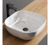 Planetmöbel Aquil Deluxe Lavabo carré, Lavabo à poser | salle de bain et WC des invités, Lavabo sans trou pour robinet et trop-plein, Marbre blanc, 42,5 x 42,5 x 14 cm