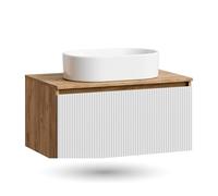 Planetmöbel Arisa Ensemble de meubles de salle de bain avec lavabo 80 cm chêne doré blanc (strié), lavabo 55 cm blanc, avec siphon économiseur d'espace