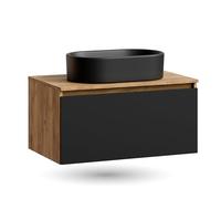 Planetmöbel Arisa Ensemble de meubles de salle de bain avec lavabo 80 cm chêne doré et noir, lavabo de 55 cm et siphon économiseur d'espace