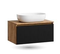 Planetmöbel Arisa Ensemble de meubles de salle de bain avec lavabo 80 cm chêne doré noir (strié), lavabo 60 cm blanc, avec siphon d'économie d'espace