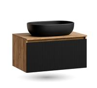 Planetmöbel Arisa Ensemble de meubles de salle de bain avec lavabo de 80 cm, chêne doré et noir (strié), lavabo de 60 cm noir, avec siphon économiseur d'espace