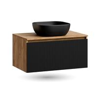 Planetmöbel Arisa Ensemble de meubles de salle de bain avec lavabo de 80 cm, chêne doré et noir (strié), lavabo 42 cm noir, avec siphon d'économie d'espace