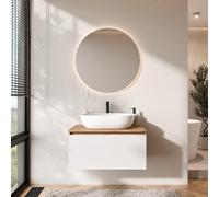 Planetmöbel Arisa Ensemble de meubles de salle de bain avec meuble bas 80 cm chêne doré blanc avec miroir Nova Lavabo 60 cm blanc + siphon d'économie d'espace