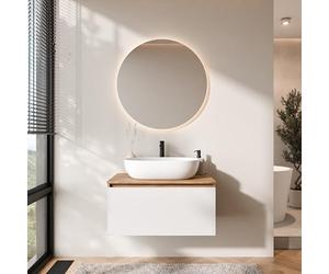 Planetmöbel Arisa Ensemble de meubles de salle de bain avec meuble bas 80 cm chêne doré blanc avec miroir Nova Lavabo 60 cm blanc + siphon d'économie d'espace