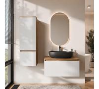 Planetmöbel Arisa - Ensemble de meubles de salle de bain - Meuble bas de 80 cm - Chêne doré blanc (strié) - Avec miroir LED et armoire haute - Lavabo de 60 cm - Noir - Avec siphon d'économie d'espace