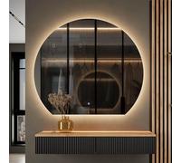 Planetmöbel Aube Ensemble garde-robe pour couloir, table console 100 cm avec miroir avec éclairage semi-circulaire, console murale 100 x 16 x 35 cm (chêne doré/noir), miroir mural Aube 100 x 90 cm