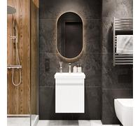 Planetmöbel Cosmia Ensemble de meubles de salle de bain avec lavabo 50 x 60 x 35 cm, blanc, miroir avec éclairage de 50 cm, robinet de salle de bain doré brossé, lavabo en céramique avec tiroir