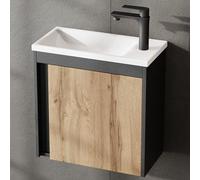 Planetmöbel Ensemble de Meubles de Salle de Bain 2 pièces | Lavabo avec meuble sous vasque 50 x 48,3 x 24,8 cm gris mat/chêne Wotan, meuble sous vasque avec vasque à poser blanche