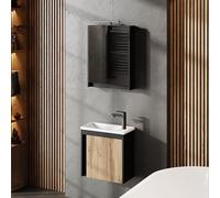 Planetmöbel Ensemble de Meubles de Salle de Bain 3 pièces Lavabo avec Meuble sous Vasque 50 x 48,3 x 24,8 cm Noir Mat/chêne Wotan, Armoire de Toilette 50 x 65 x 11,4 cm avec éclairage LED Apparent
