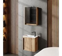 Planetmöbel Ensemble de Meubles de Salle de Bain 3 pièces Lavabo avec Meuble sous Vasque 50 x 48,3 x 24,8 cm Chêne Wotan, Armoire de Toilette 50 x 65 x 11,4 cm avec éclairage LED Apparent