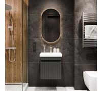 Planetmöbel - Ensemble de meubles de salle de bain Cosmia, lavabo avec meuble de 50 x 60 x 35 cm, couleur anthracite, robinet de bain brossé or, lavabo en céramique avec tiroir
