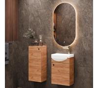 Planetmöbel Ensemble de Meubles de Salle de Bains Lavabo avec Meuble Bas 40 x 60 x 29 cm, Miroir avec éclairage 50 x 90 cm & Armoire Centrale pour Salle de Bains & WC invités, chêne doré
