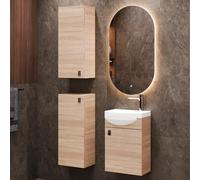 Planetmöbel Ensemble de Meubles de Salle de Bains Lavabo avec Meuble Bas 40 x 60 x 29 cm, Miroir avec éclairage 50 x 90 cm, 2X armoires centrales pour Salle de Bains & WC invités, chêne Sonoma