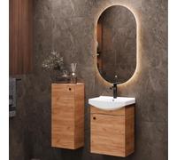 Planetmöbel Ensemble de Meubles de Salle de Bains Lavabo avec Meuble Bas 45 x 60 x 33 cm, Miroir avec éclairage 50 x 90 cm & Armoire Centrale pour Salle de Bains et WC invités, chêne doré