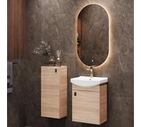 Planetmöbel Ensemble de Meubles de Salle de Bains Lavabo avec Meuble Bas 45 x 60 x 33 cm, Miroir avec éclairage 50 x 90 cm & Armoire Centrale pour Salle de Bains et WC invités, chêne Sonoma