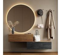 Planetmöbel Meuble d’Entrée avec Armoire Murale 2X 100 cm, Chêne doré - Noir Charbon/Chêne doré, Vestiaire Compact avec Rangement à Abattant, Suspendue ou à Poser, 37,8 x 100 x 32,5 cm
