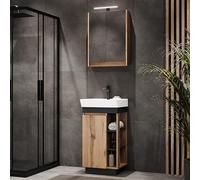 Planetmöbel Nyx Ensemble de Meubles de Salle de Bain 2 pièces Lavabo Meuble sous Vasque 50 x 85,9 x 42 cm Chêne Wotan/Anthracite Armoire de Toilette 50 x 65 x 11,4 cm avec éclairage LED Apparent