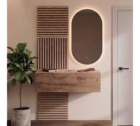 Planetmöbel West Akustra Garderobe 100 cm Chêne doré Panneau LED Miroir | Ensemble de garde-robe moderne avec console murale, 3 panneaux AKUSTRA et miroir LED ovale à intensité variable pour un