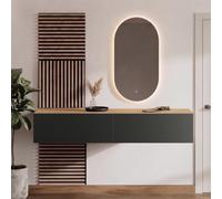 Planetmöbel West Portemanteau 160 cm chêne doré anthracite panneaux LED | Ensemble de garde-robe moderne avec console murale, 3 panneaux AKUSTRA et miroir LED ovale à intensité variable pour un