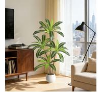 Plante artificielle Yucca 120cm - 3 tiges, feuillage réaliste, tronc bois - Panier en jonc de mer inclus - salon/bureau/porche -Vert
